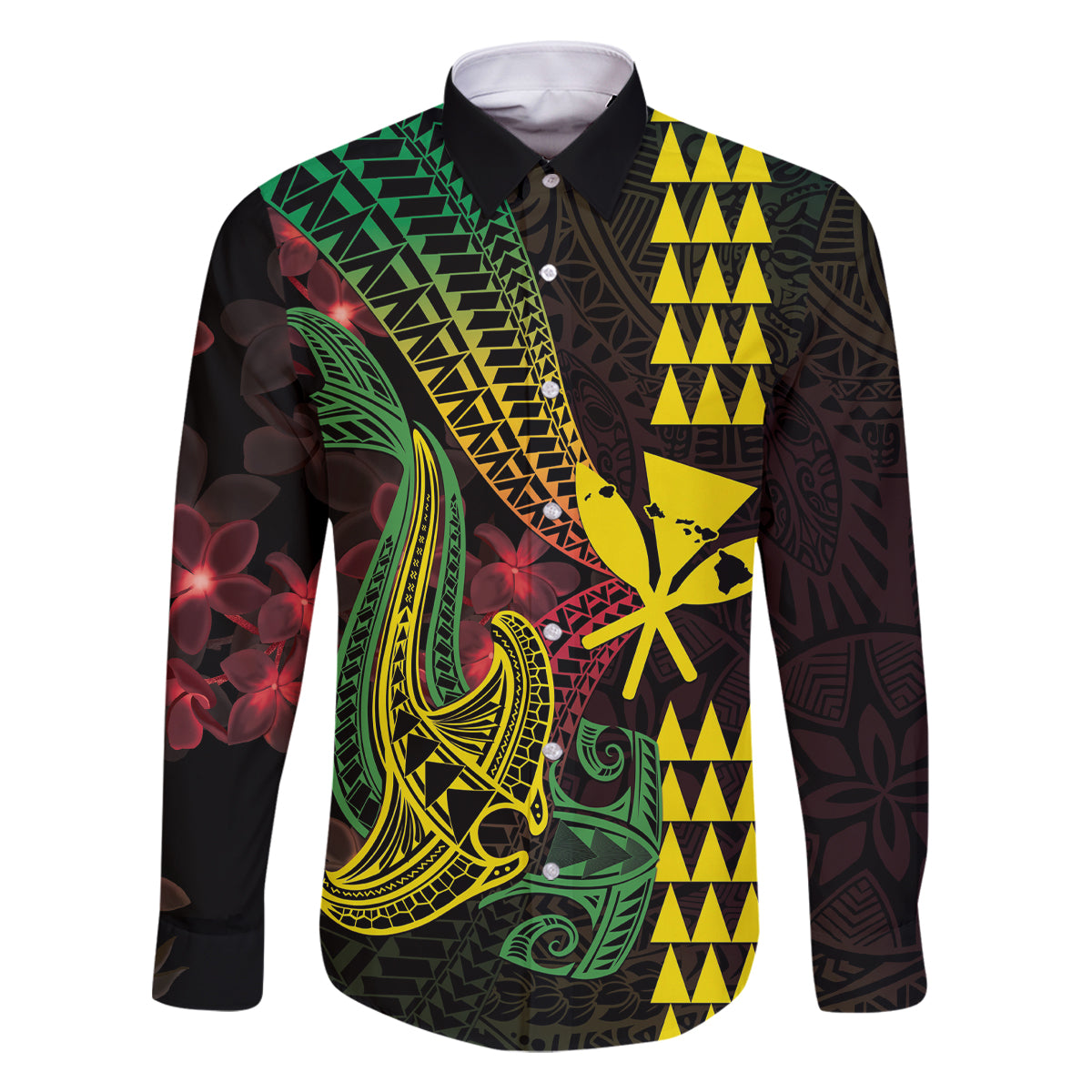 Hawaii Kakau Hammerhead Shark Family Matching Long Sleeve Bodycon Dress and Hawaiian Shirt Neon Plumeria Pattern LT01 Dad's Shirt - Long Sleeve Black - Polynesian Pride