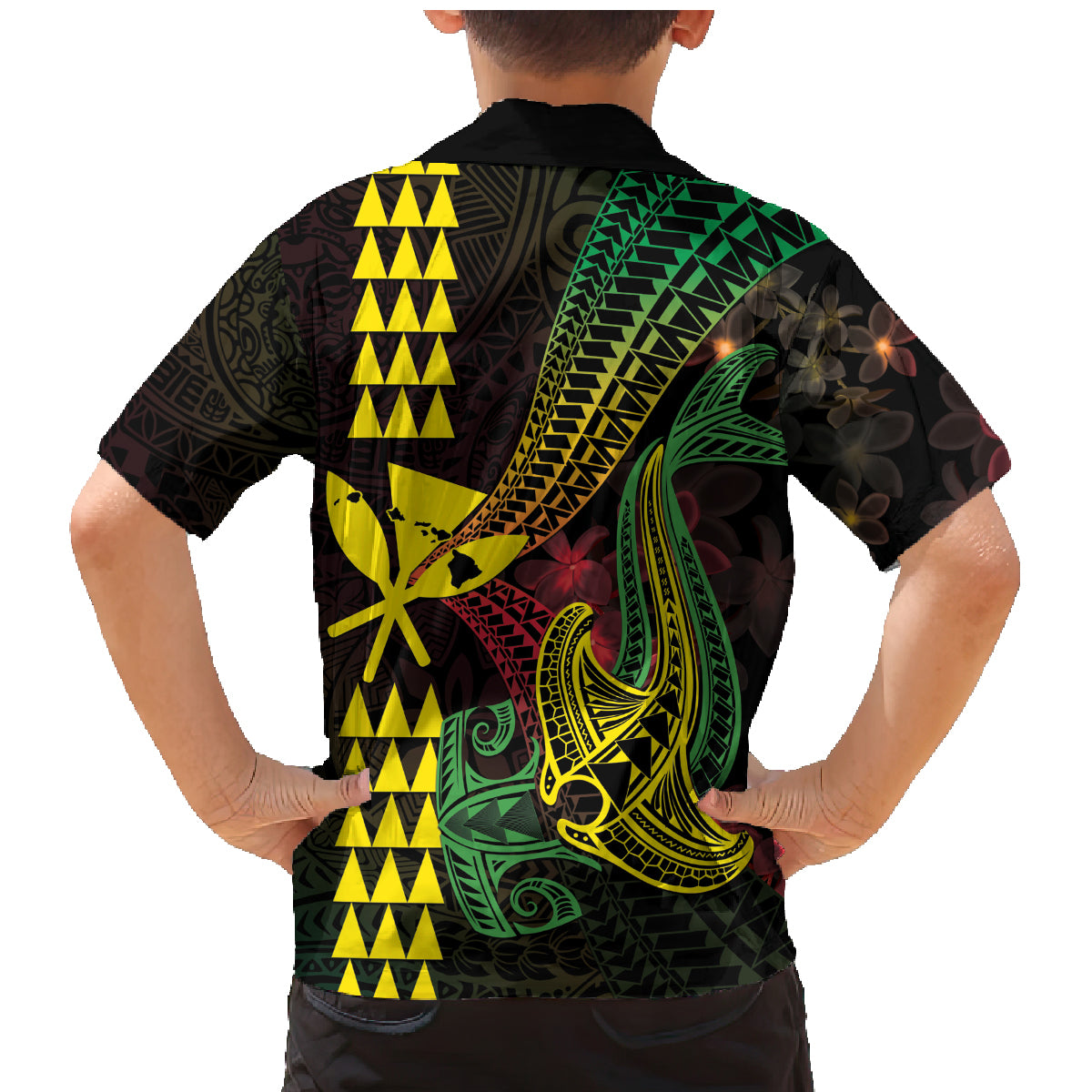 Hawaii Kakau Hammerhead Shark Family Matching Mermaid Dress and Hawaiian Shirt Neon Plumeria Pattern