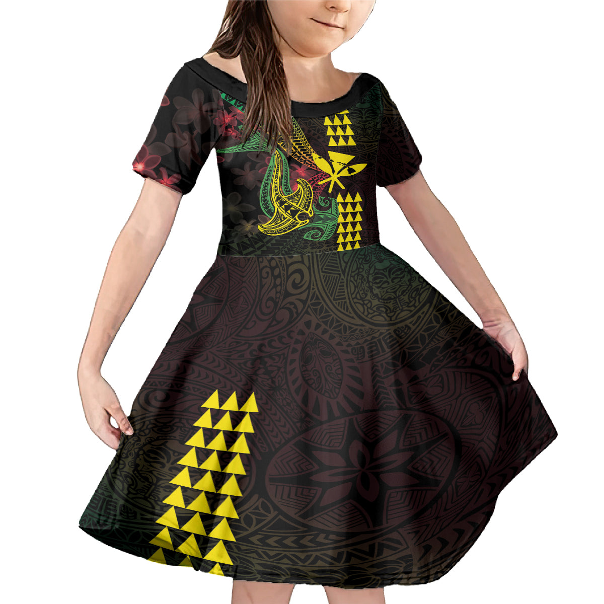 Hawaii Kakau Hammerhead Shark Family Matching Mermaid Dress and Hawaiian Shirt Neon Plumeria Pattern