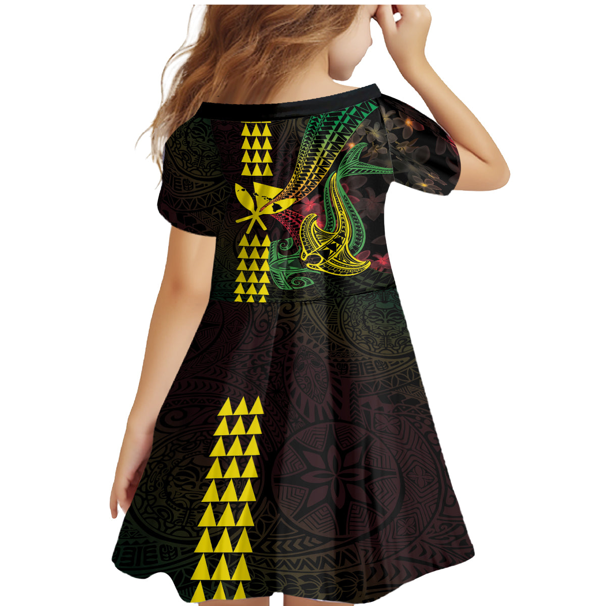 Hawaii Kakau Hammerhead Shark Family Matching Mermaid Dress and Hawaiian Shirt Neon Plumeria Pattern