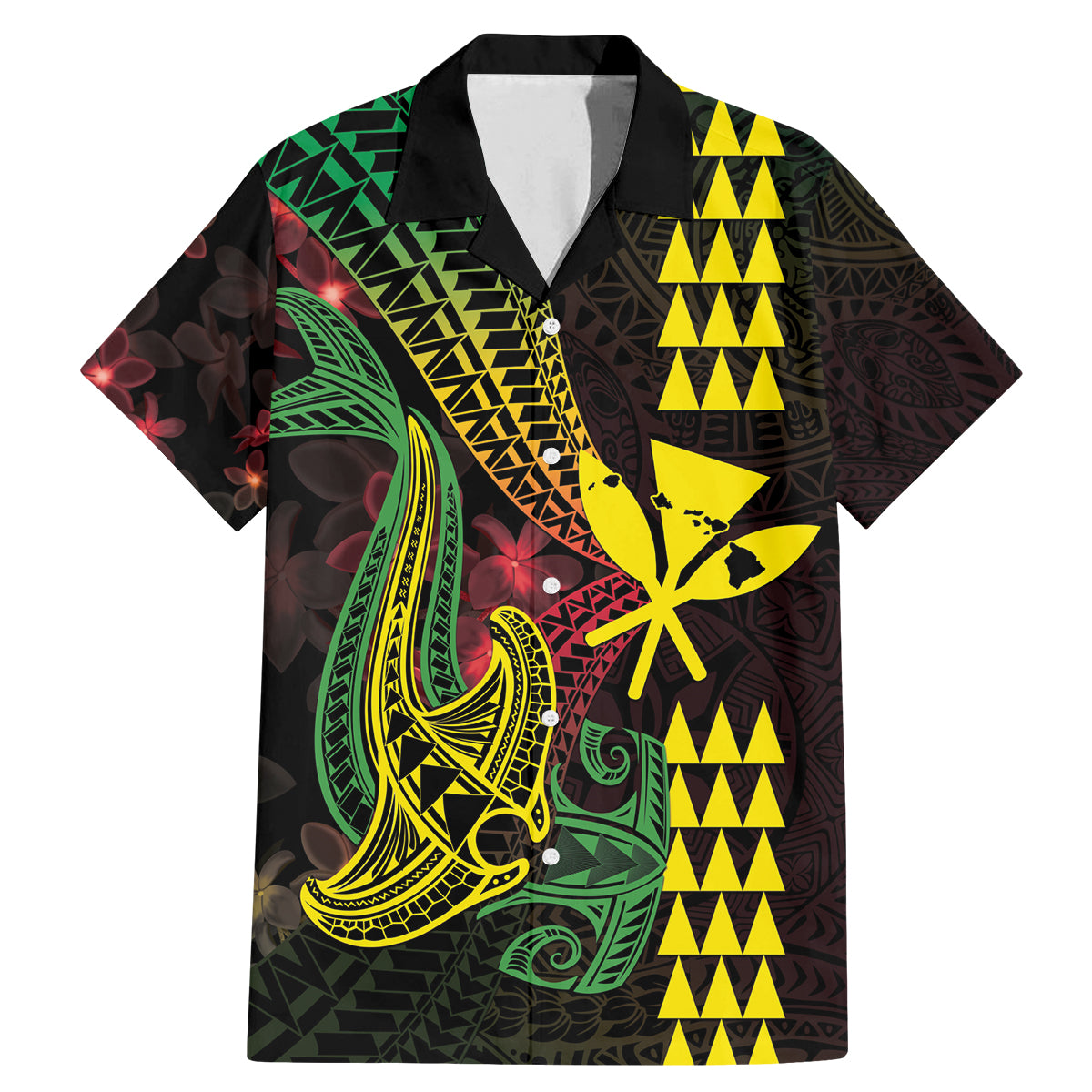 Hawaii Kakau Hammerhead Shark Family Matching Mermaid Dress and Hawaiian Shirt Neon Plumeria Pattern