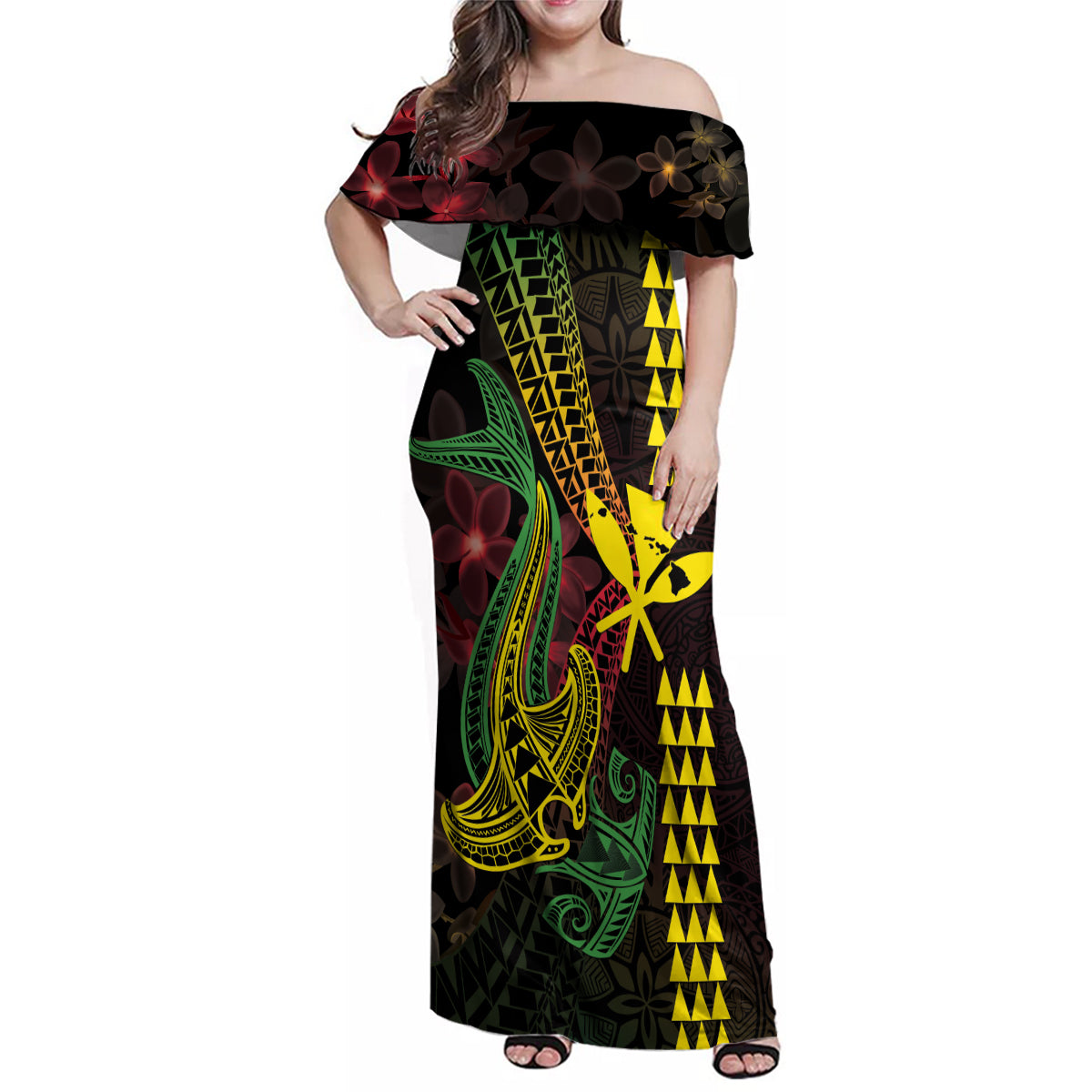 Hawaii Kakau Hammerhead Shark Family Matching Off Shoulder Maxi Dress and Hawaiian Shirt Neon Plumeria Pattern