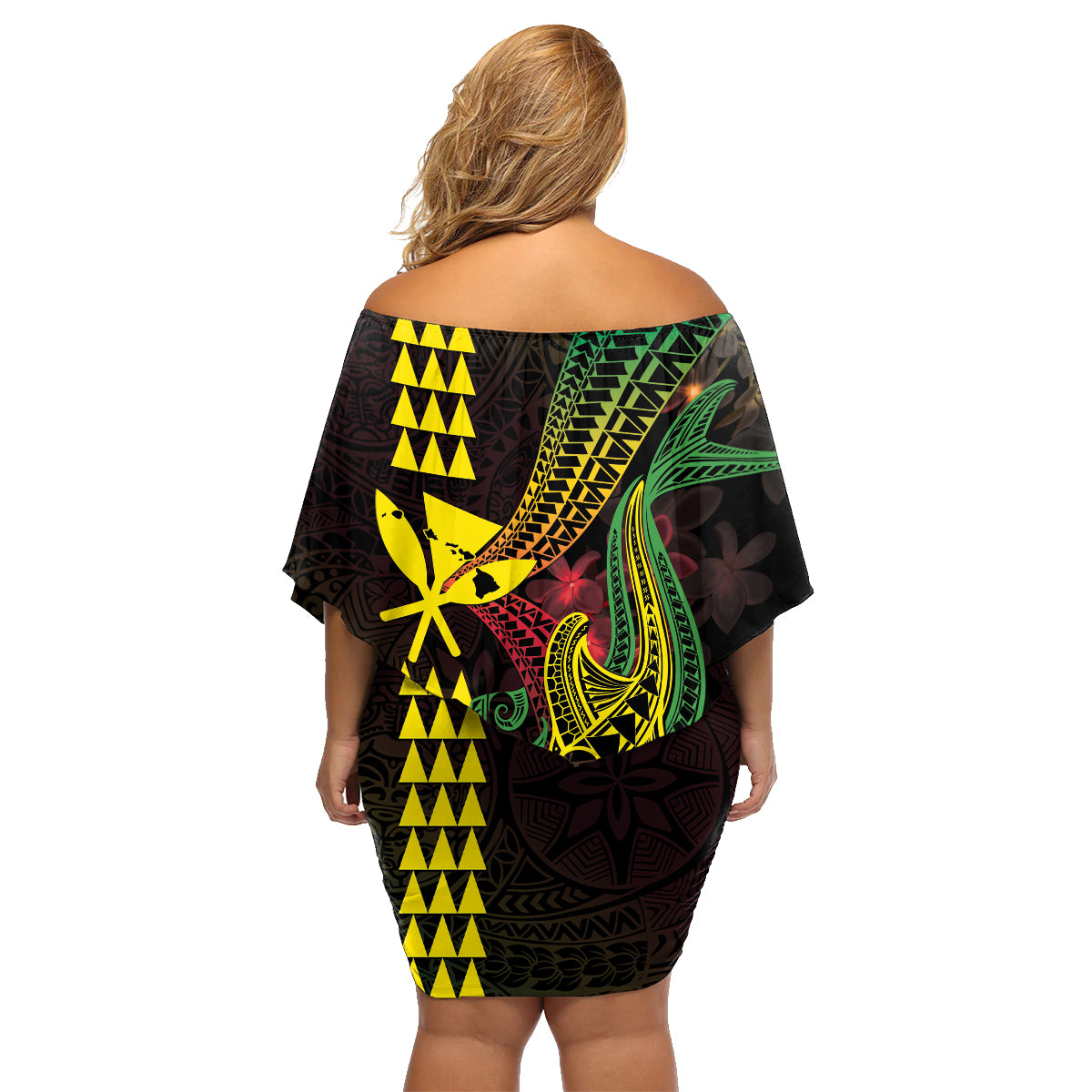 Hawaii Kakau Hammerhead Shark Family Matching Off Shoulder Short Dress and Hawaiian Shirt Neon Plumeria Pattern