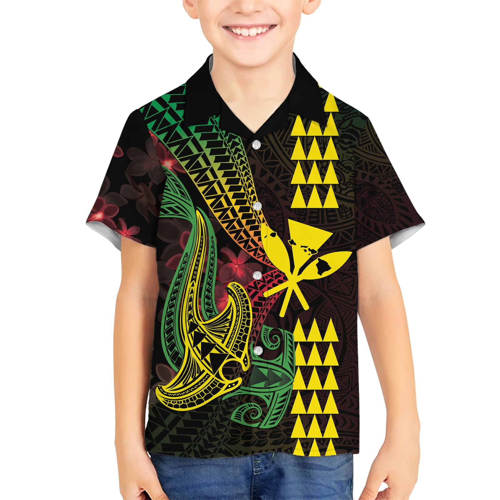 Hawaii Kakau Hammerhead Shark Kid Hawaiian Shirt Neon Plumeria Pattern