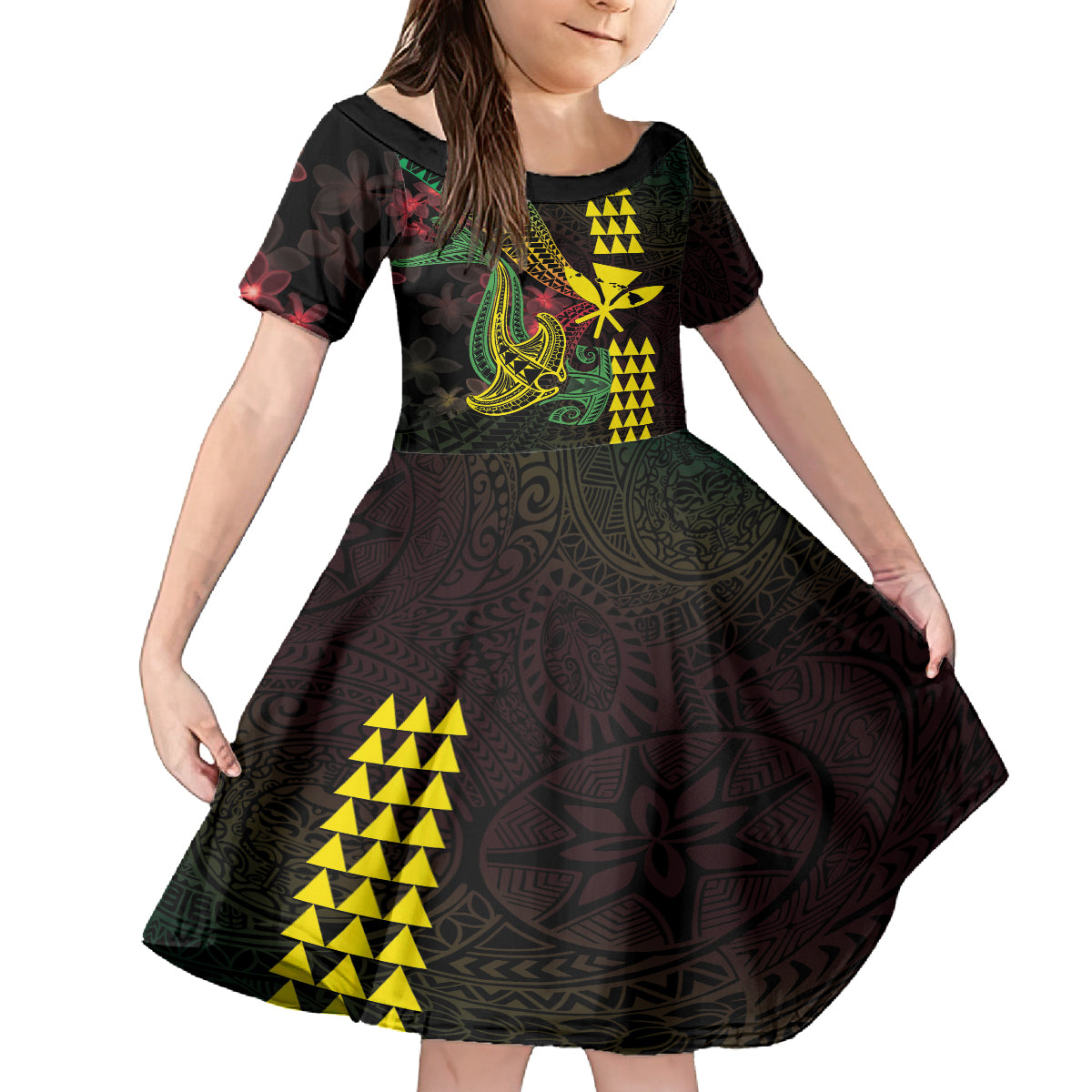 Hawaii Kakau Hammerhead Shark Kid Short Sleeve Dress Neon Plumeria Pattern