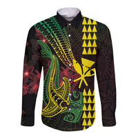 Hawaii Kakau Hammerhead Shark Long Sleeve Button Shirt Neon Plumeria Pattern