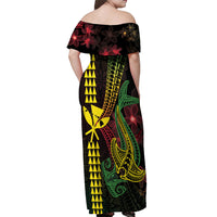 Hawaii Kakau Hammerhead Shark Off Shoulder Maxi Dress Neon Plumeria Pattern