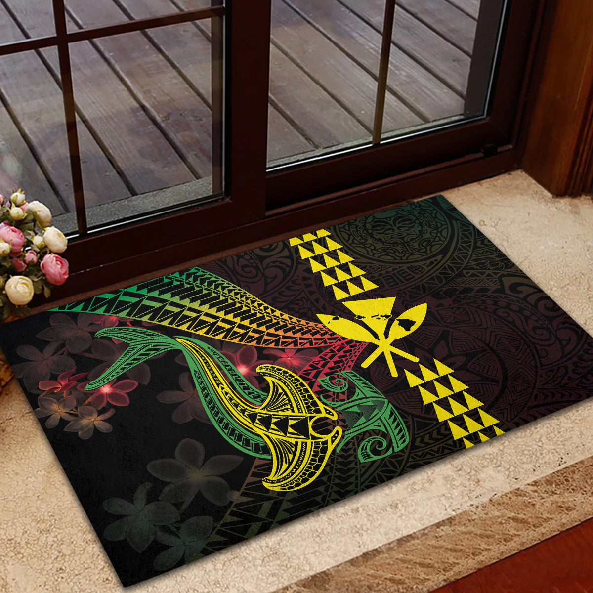 Hawaii Kakau Hammerhead Shark Rubber Doormat Neon Plumeria Pattern
