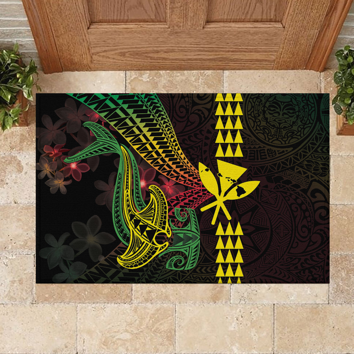 Hawaii Kakau Hammerhead Shark Rubber Doormat Neon Plumeria Pattern