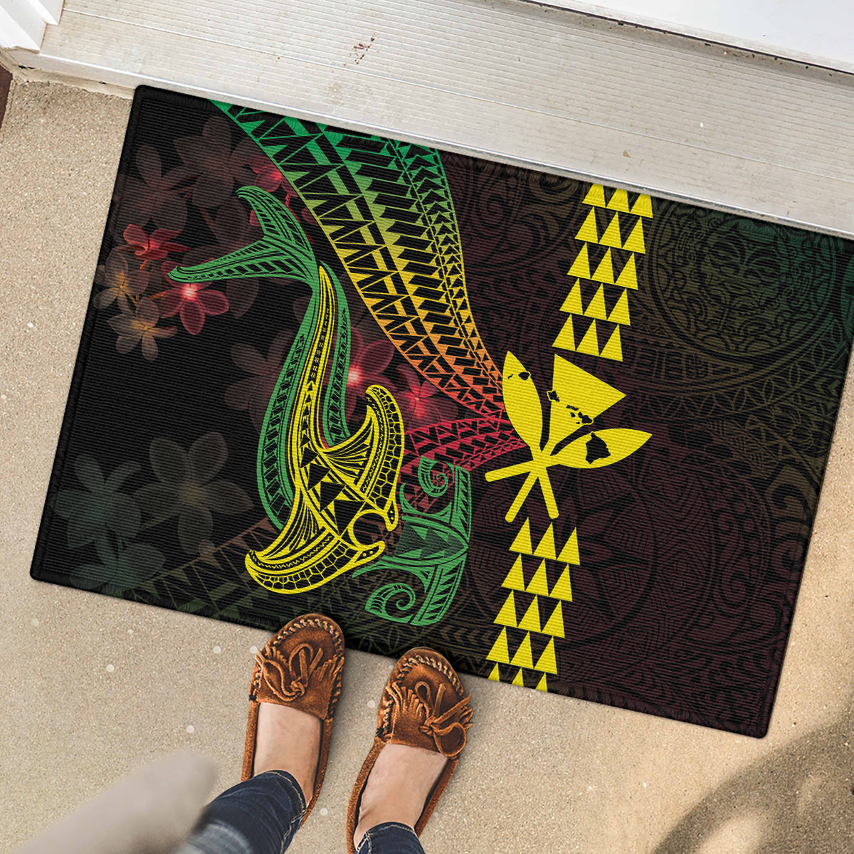 Hawaii Kakau Hammerhead Shark Rubber Doormat Neon Plumeria Pattern