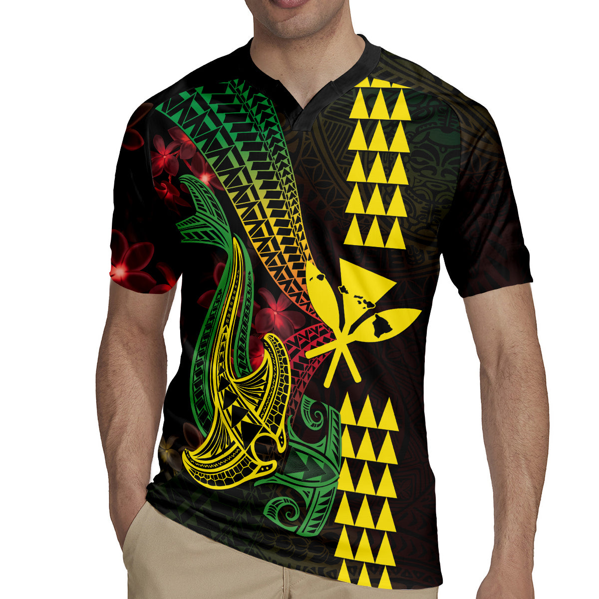 Hawaii Kakau Hammerhead Shark Rugby Jersey Neon Plumeria Pattern
