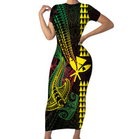 Hawaii Kakau Hammerhead Shark Short Sleeve Bodycon Dress Neon Plumeria Pattern LT01 Long Dress Black - Polynesian Pride