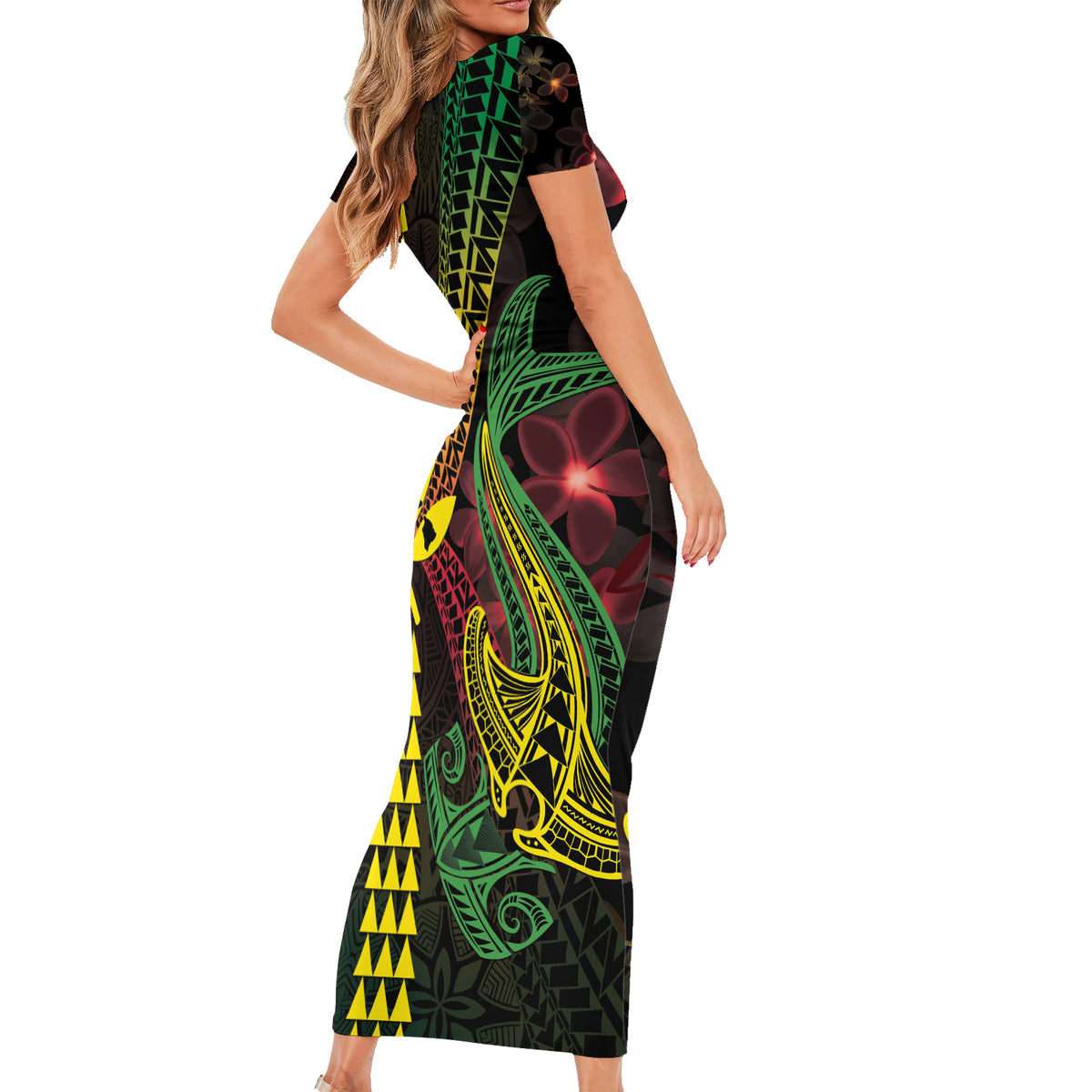 Hawaii Kakau Hammerhead Shark Short Sleeve Bodycon Dress Neon Plumeria Pattern LT01 - Polynesian Pride