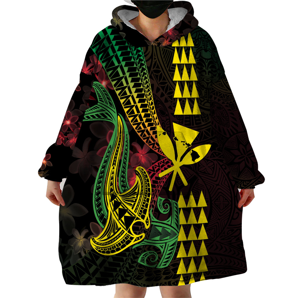 Hawaii Kakau Hammerhead Shark Wearable Blanket Hoodie Neon Plumeria Pattern