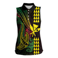 Hawaii Kakau Hammerhead Shark Women Sleeveless Polo Shirt Neon Plumeria Pattern