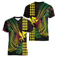 Hawaii Kakau Hammerhead Shark Women V-Neck T-Shirt Neon Plumeria Pattern