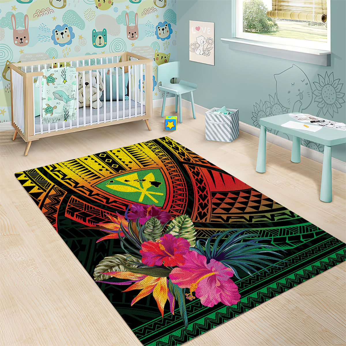 Hawaii Kanaka Maoli Flag Day Area Rug Tropical Flowers