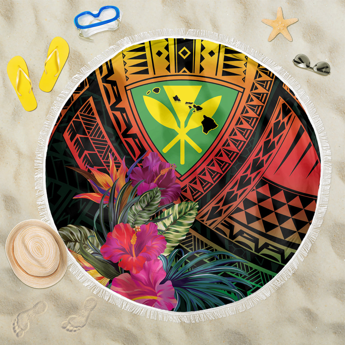 Hawaii Kanaka Maoli Flag Day Beach Blanket Tropical Flowers LT01 One Size 150cm Black - Polynesian Pride
