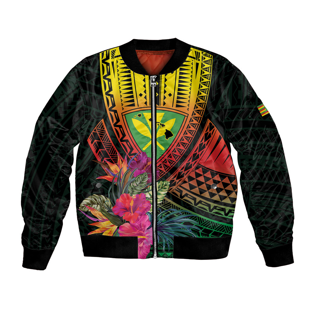 Hawaii Kanaka Maoli Flag Day Bomber Jacket Tropical Flowers LT01 Unisex Black - Polynesian Pride