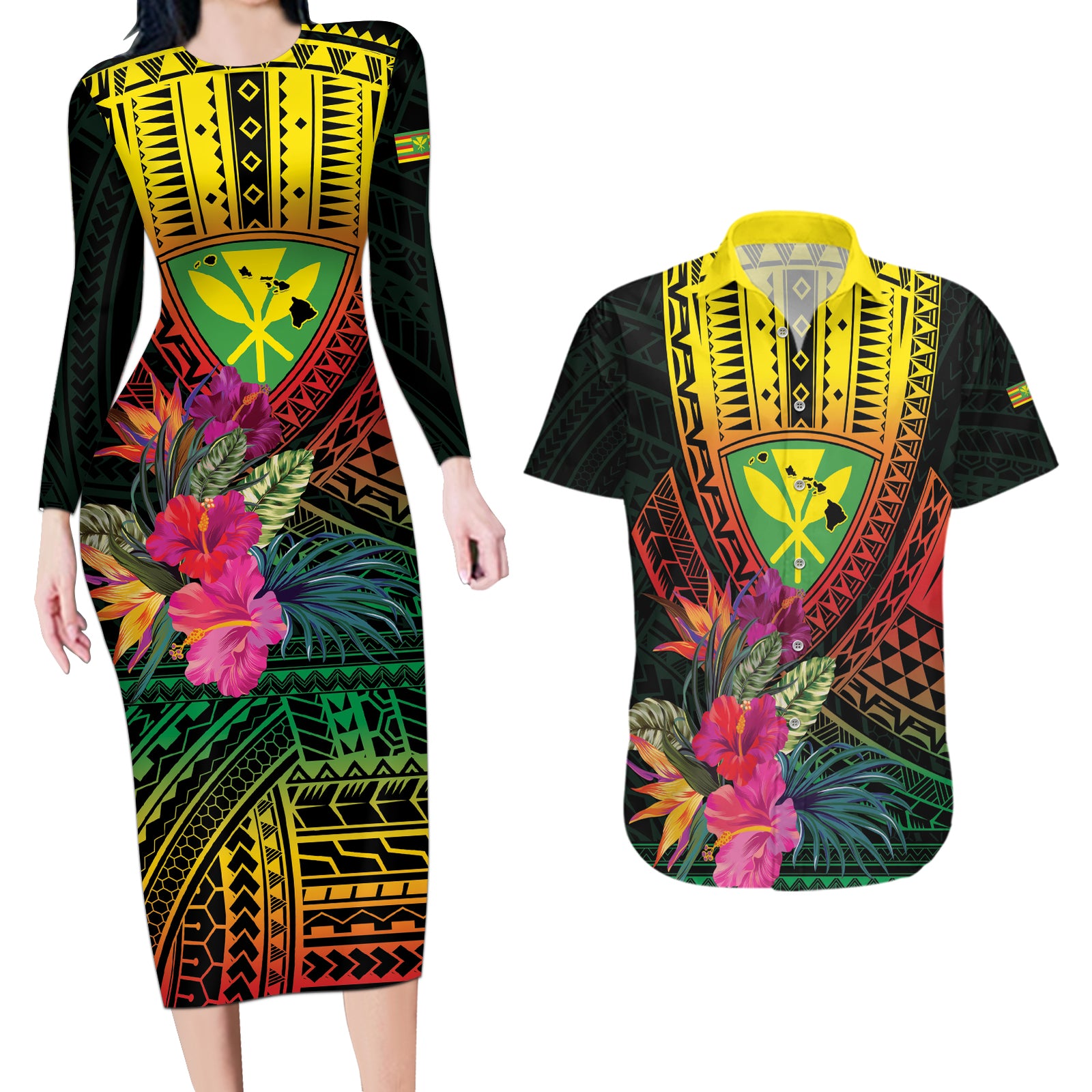 Hawaii Kanaka Maoli Flag Day Couples Matching Long Sleeve Bodycon Dress and Hawaiian Shirt Tropical Flowers LT01 Black - Polynesian Pride
