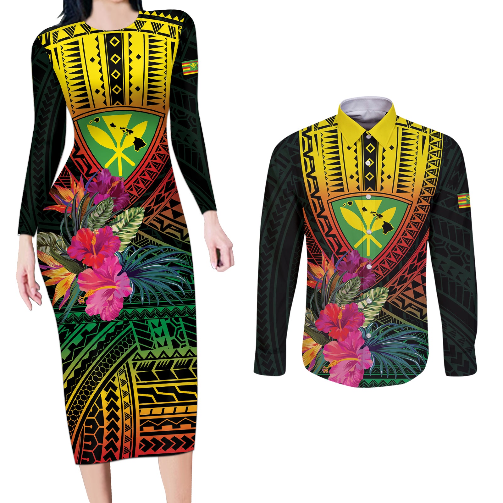 Hawaii Kanaka Maoli Flag Day Couples Matching Long Sleeve Bodycon Dress and Long Sleeve Button Shirt Tropical Flowers LT01 Black - Polynesian Pride