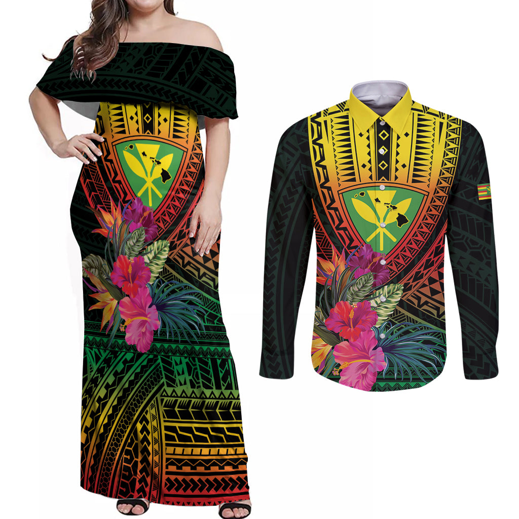 Hawaii Kanaka Maoli Flag Day Couples Matching Off Shoulder Maxi Dress and Long Sleeve Button Shirt Tropical Flowers LT01 Black - Polynesian Pride