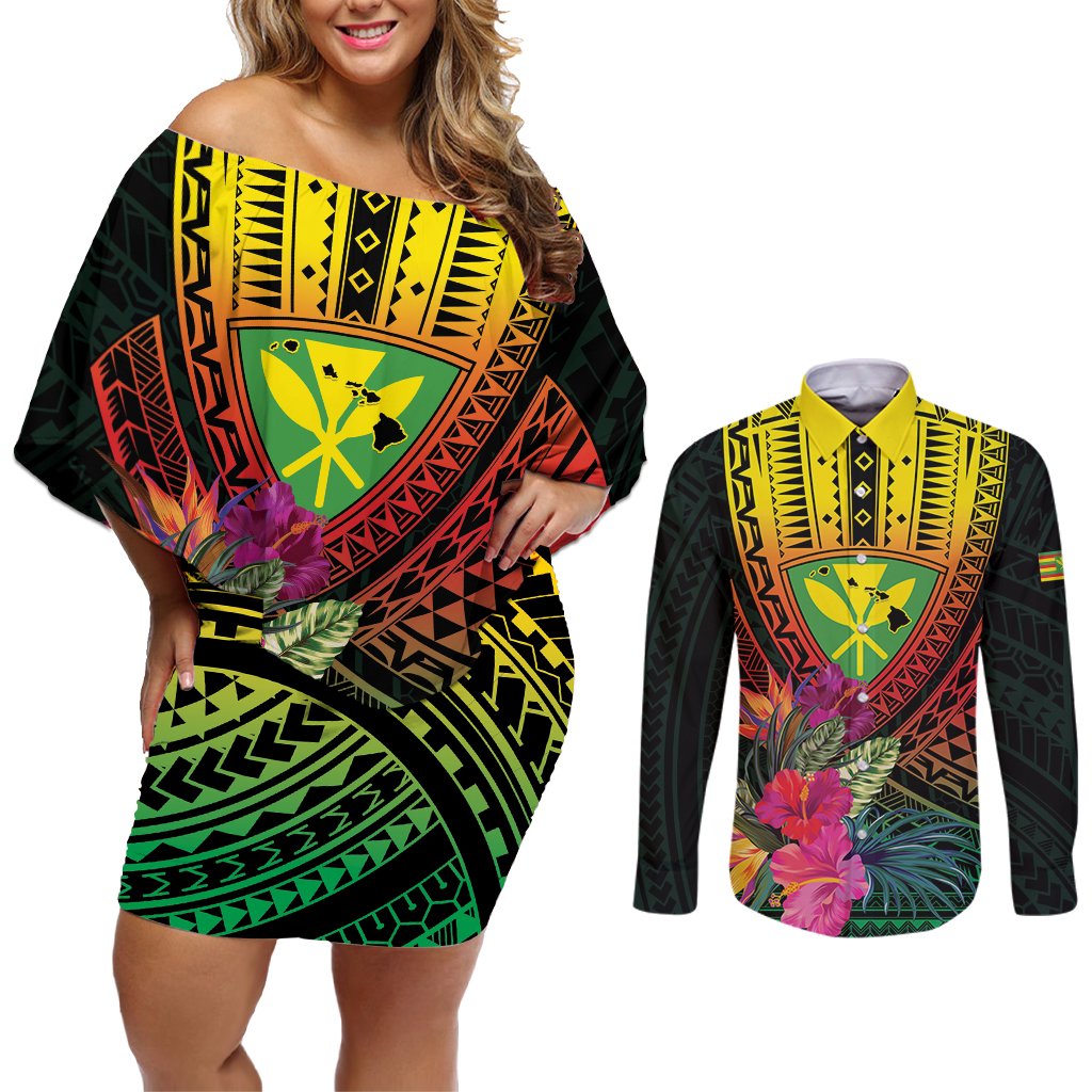 Hawaii Kanaka Maoli Flag Day Couples Matching Off Shoulder Short Dress and Long Sleeve Button Shirt Tropical Flowers LT01 Black - Polynesian Pride