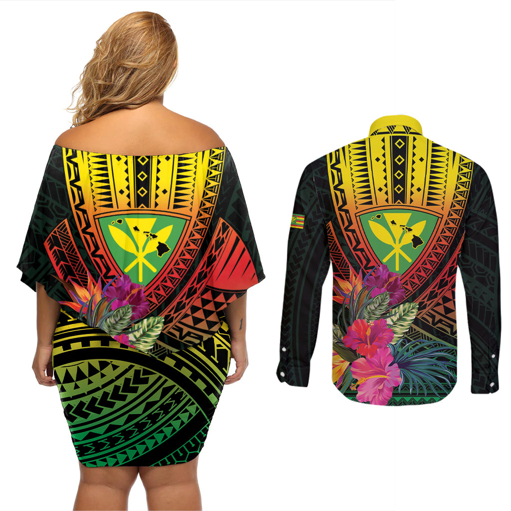 Hawaii Kanaka Maoli Flag Day Couples Matching Off Shoulder Short Dress and Long Sleeve Button Shirt Tropical Flowers