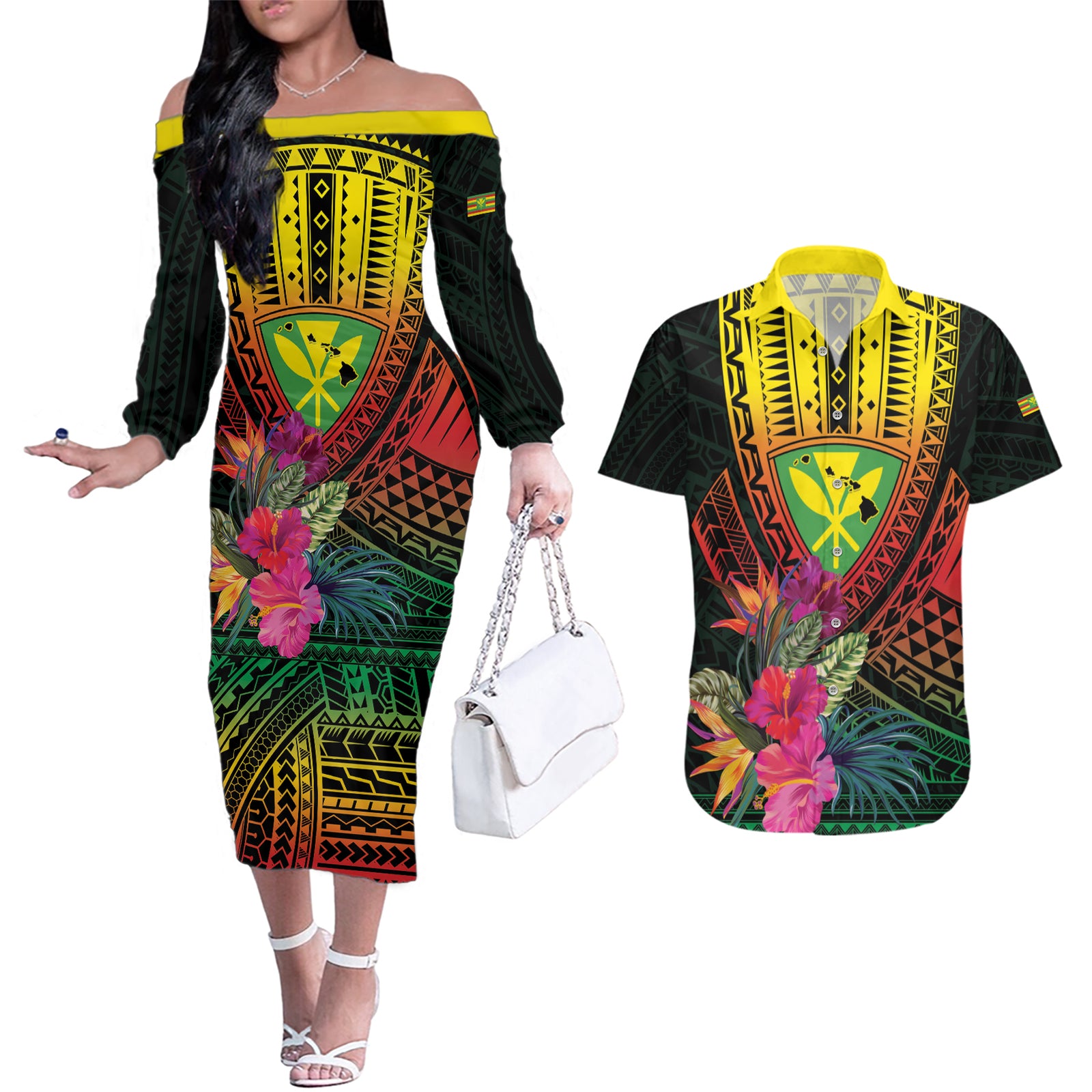 Hawaii Kanaka Maoli Flag Day Couples Matching Off The Shoulder Long Sleeve Dress and Hawaiian Shirt Tropical Flowers LT01 Black - Polynesian Pride