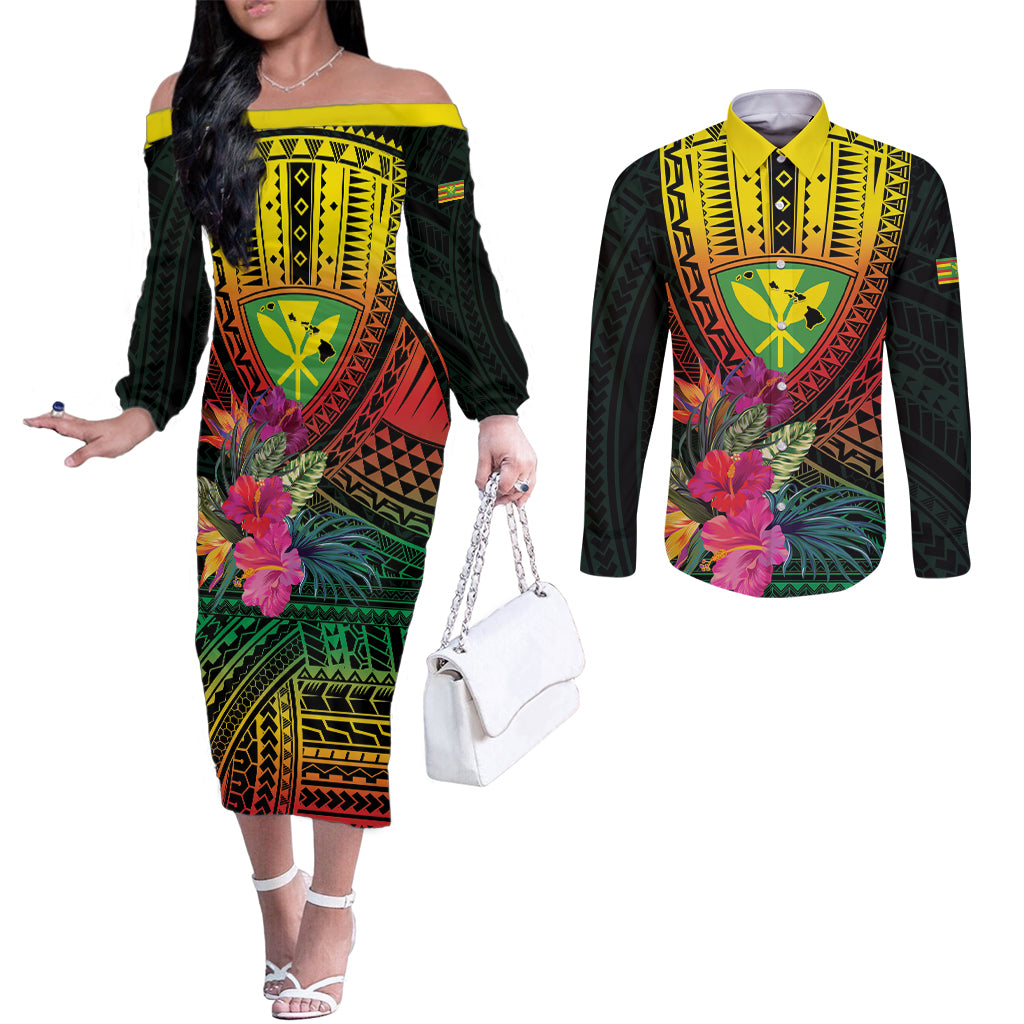 Hawaii Kanaka Maoli Flag Day Couples Matching Off The Shoulder Long Sleeve Dress and Long Sleeve Button Shirt Tropical Flowers LT01 Black - Polynesian Pride