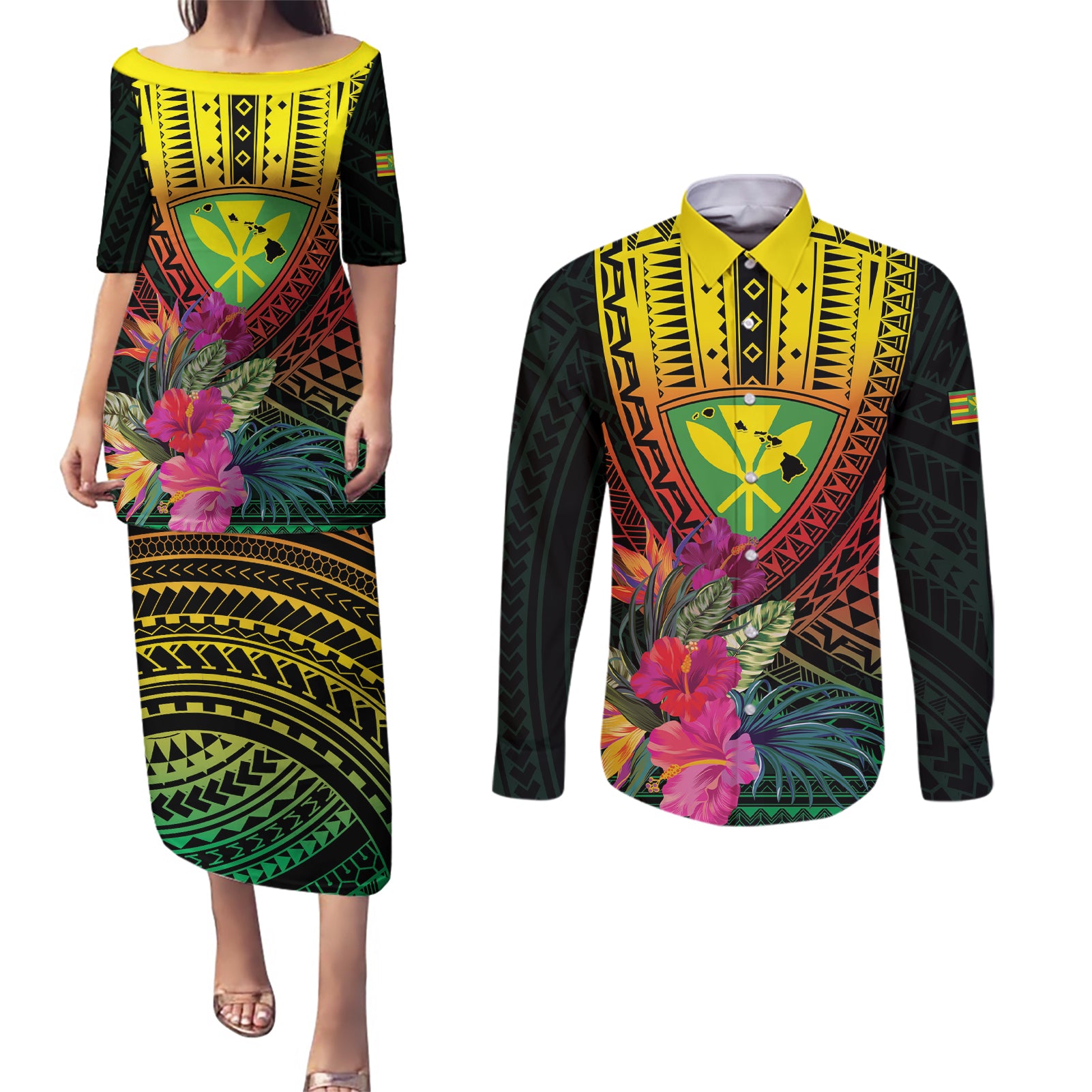Hawaii Kanaka Maoli Flag Day Couples Matching Puletasi and Long Sleeve Button Shirt Tropical Flowers