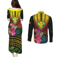 Hawaii Kanaka Maoli Flag Day Couples Matching Puletasi and Long Sleeve Button Shirt Tropical Flowers