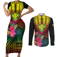 Hawaii Kanaka Maoli Flag Day Couples Matching Short Sleeve Bodycon Dress and Long Sleeve Button Shirt Tropical Flowers