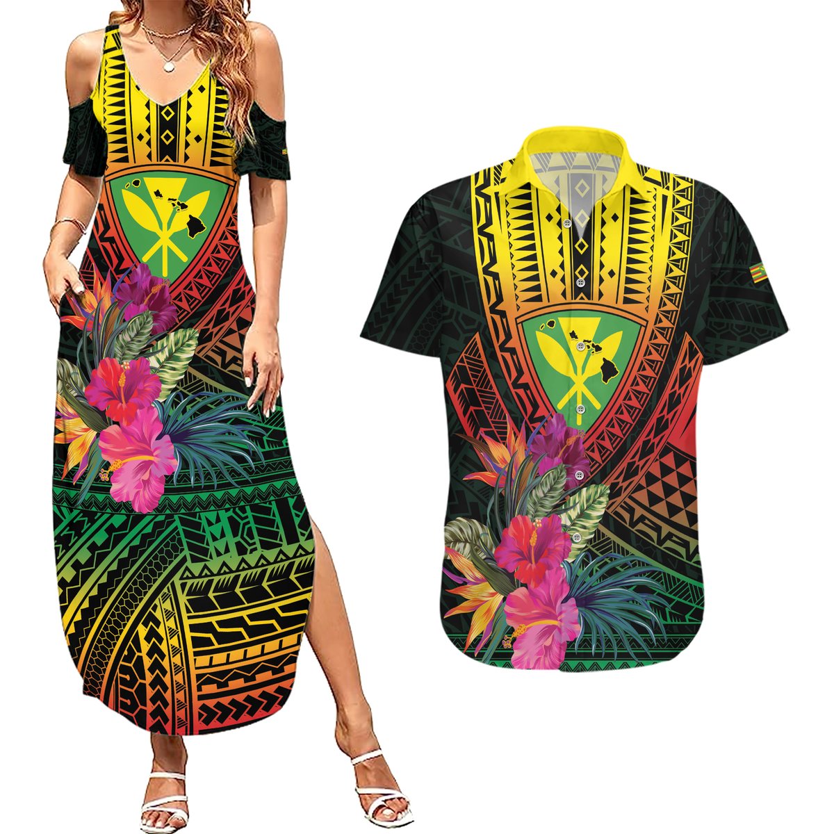 Hawaii Kanaka Maoli Flag Day Couples Matching Summer Maxi Dress and Hawaiian Shirt Tropical Flowers LT01 Black - Polynesian Pride