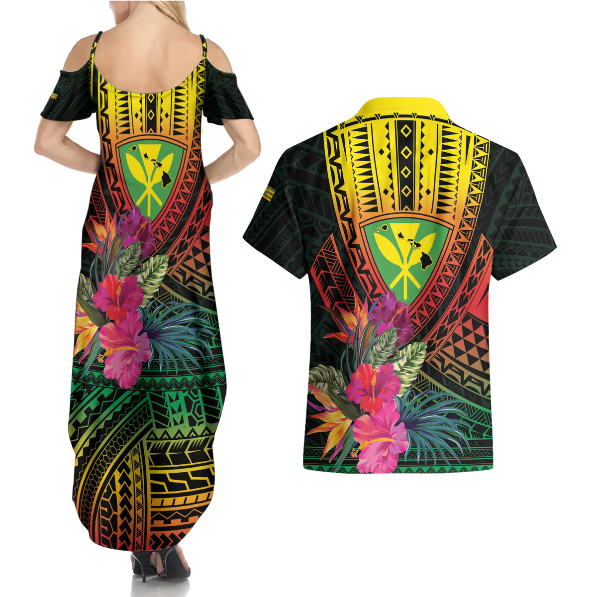 Hawaii Kanaka Maoli Flag Day Couples Matching Summer Maxi Dress and Hawaiian Shirt Tropical Flowers