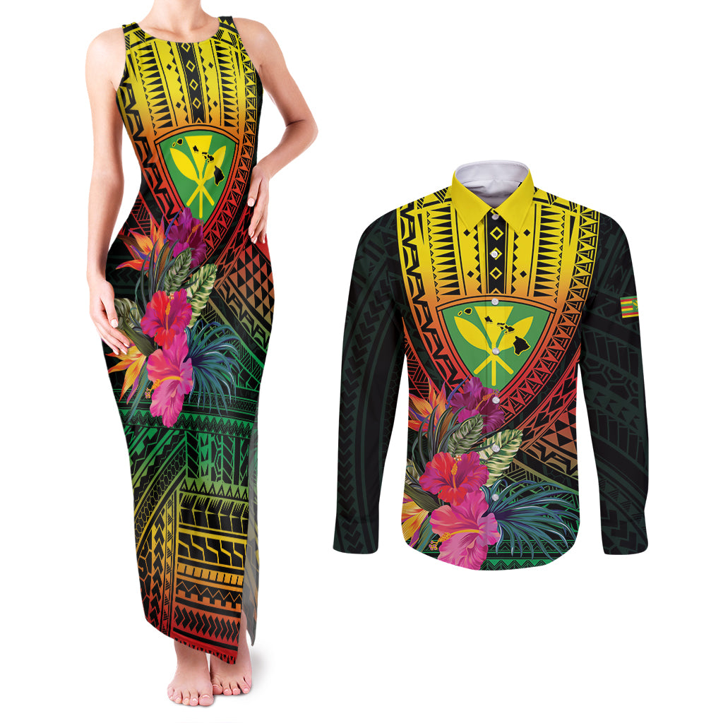 Hawaii Kanaka Maoli Flag Day Couples Matching Tank Maxi Dress and Long Sleeve Button Shirt Tropical Flowers LT01 Black - Polynesian Pride