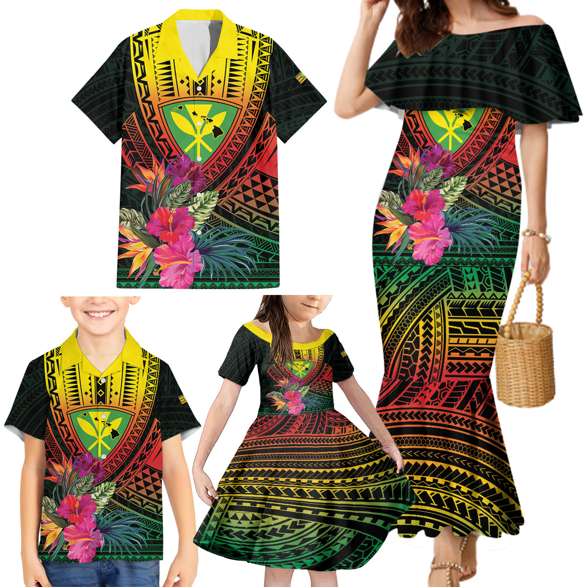 Hawaii Kanaka Maoli Flag Day Family Matching Mermaid Dress and Hawaiian Shirt Tropical Flowers