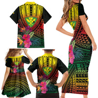 Hawaii Kanaka Maoli Flag Day Family Matching Short Sleeve Bodycon Dress and Hawaiian Shirt Tropical Flowers