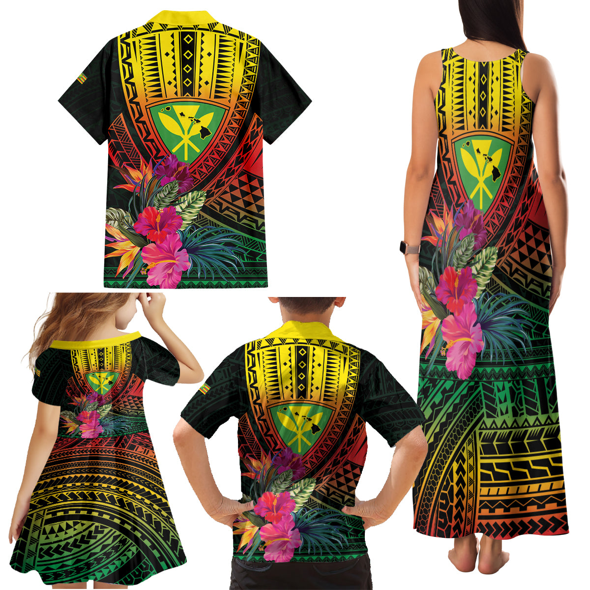 Hawaii Kanaka Maoli Flag Day Family Matching Tank Maxi Dress and Hawaiian Shirt Tropical Flowers