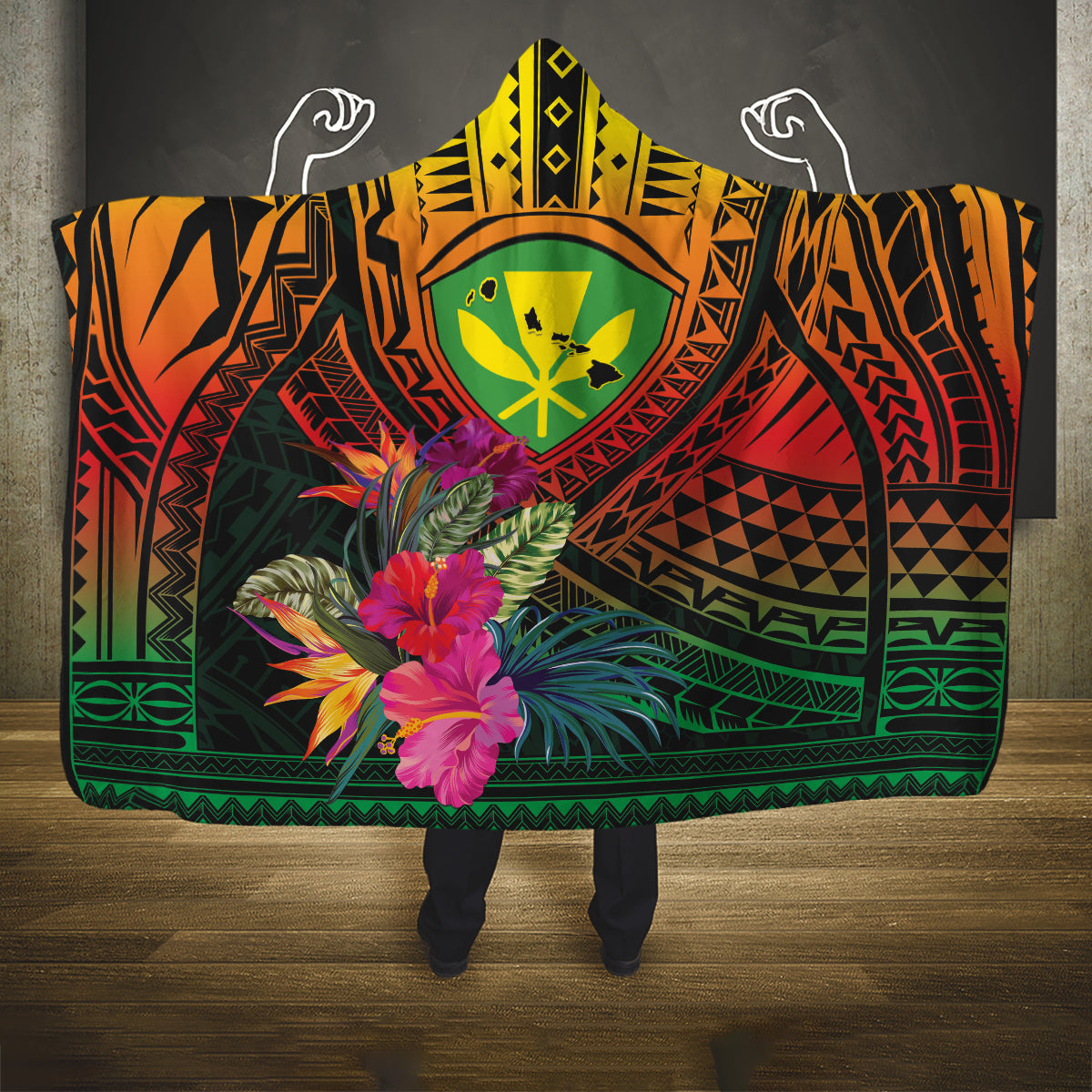 Hawaii Kanaka Maoli Flag Day Hooded Blanket Tropical Flowers LT01 One Size Black - Polynesian Pride