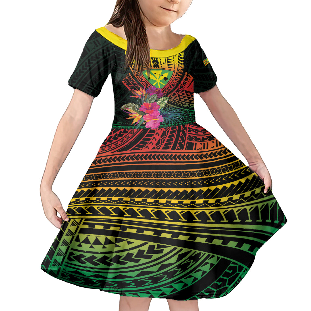 Hawaii Kanaka Maoli Flag Day Kid Short Sleeve Dress Tropical Flowers