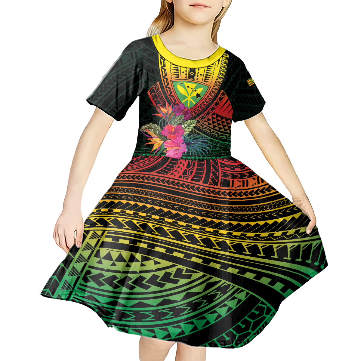 Hawaii Kanaka Maoli Flag Day Kid Short Sleeve Dress Tropical Flowers
