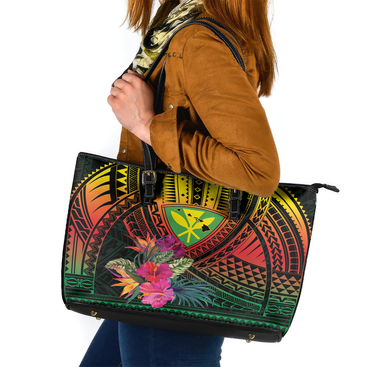 Hawaii Kanaka Maoli Flag Day Leather Tote Bag Tropical Flowers LT01 Black - Polynesian Pride