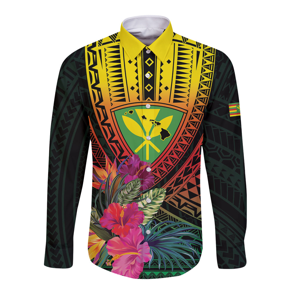 Hawaii Kanaka Maoli Flag Day Long Sleeve Button Shirt Tropical Flowers LT01 Unisex Black - Polynesian Pride