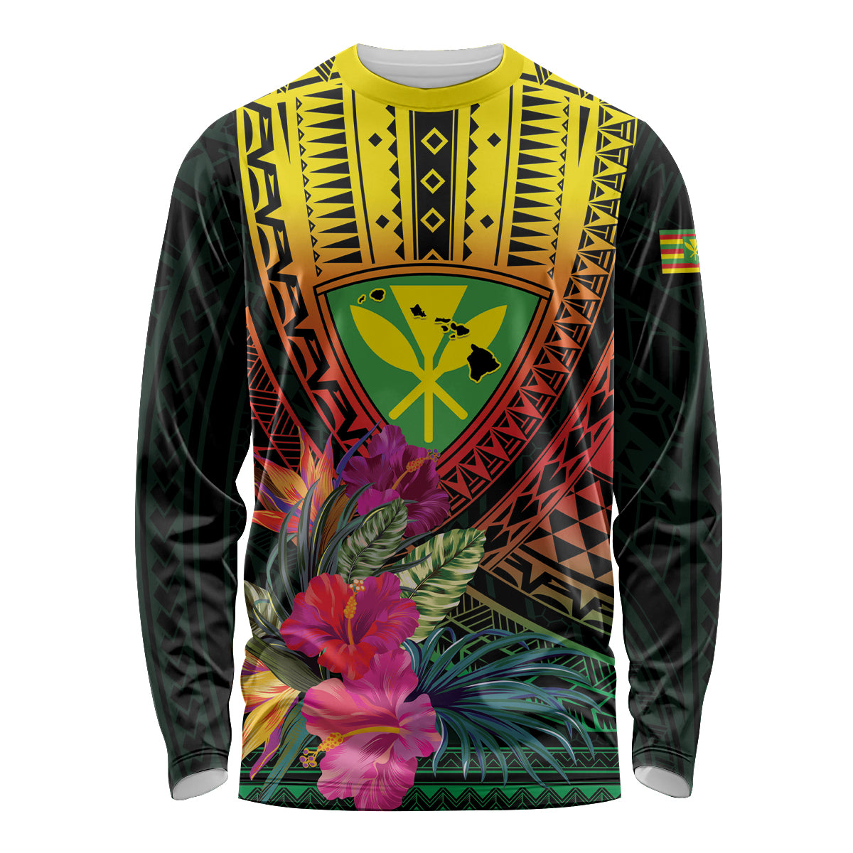 Hawaii Kanaka Maoli Flag Day Long Sleeve Shirt Tropical Flowers LT01 Unisex Black - Polynesian Pride