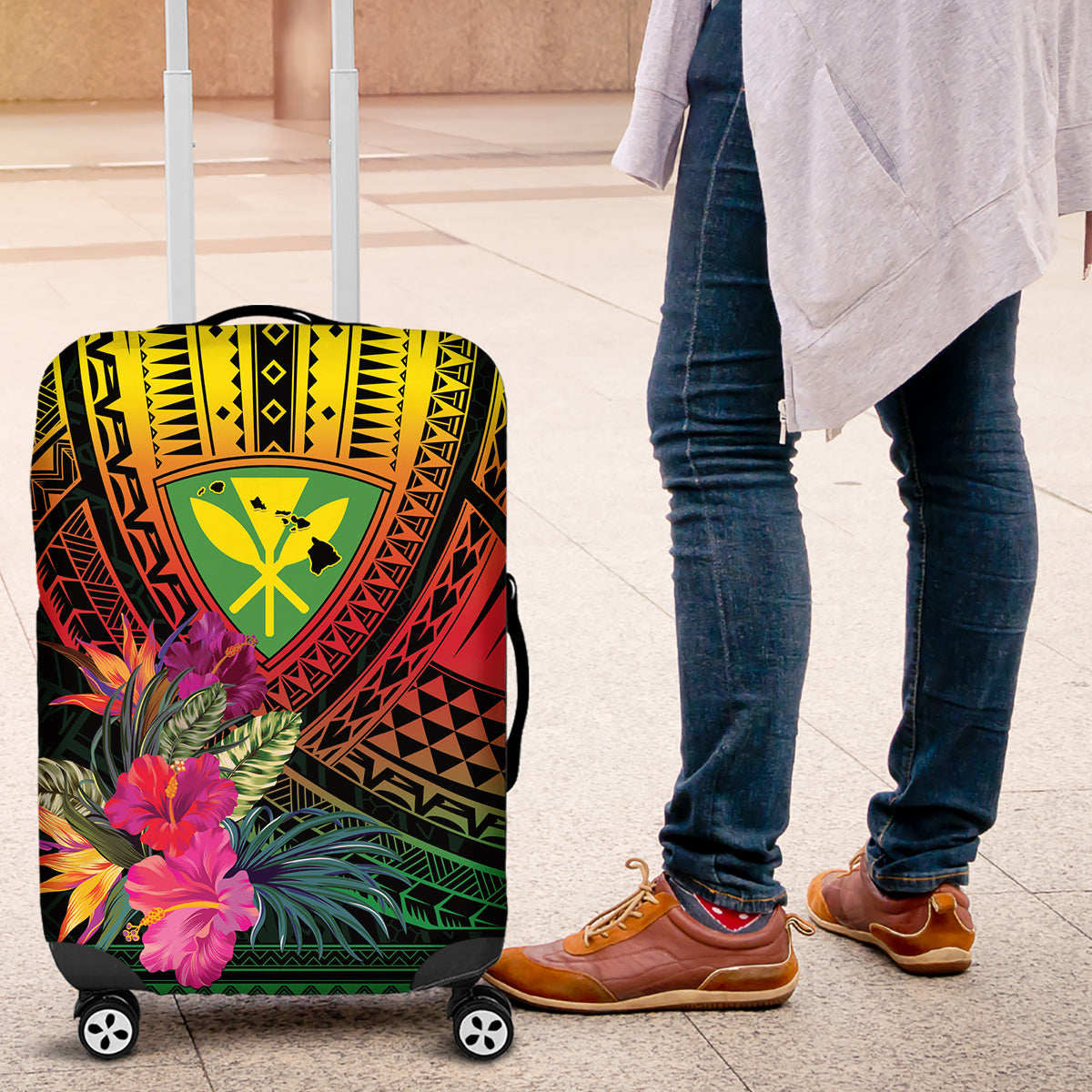 Hawaii Kanaka Maoli Flag Day Luggage Cover Tropical Flowers