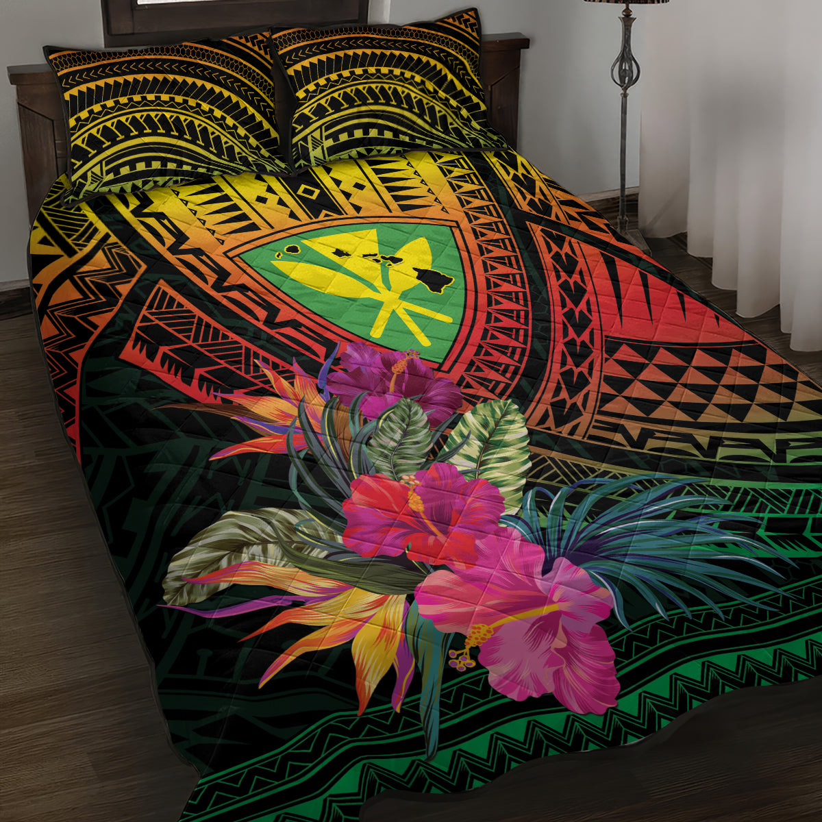 Hawaii Kanaka Maoli Flag Day Quilt Bed Set Tropical Flowers