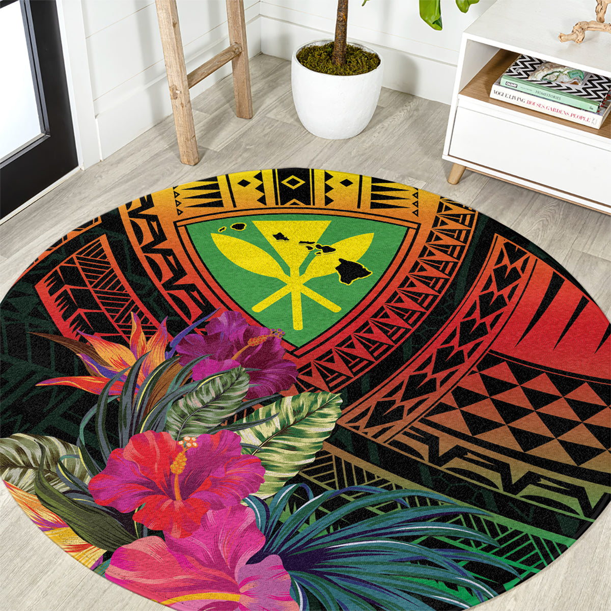 Hawaii Kanaka Maoli Flag Day Round Carpet Tropical Flowers LT01 Black - Polynesian Pride