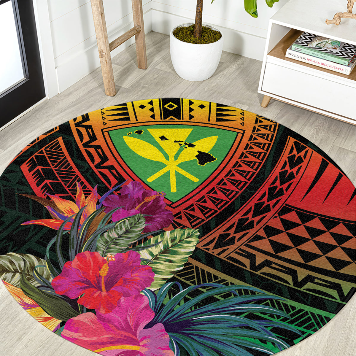 Hawaii Kanaka Maoli Flag Day Round Carpet Tropical Flowers