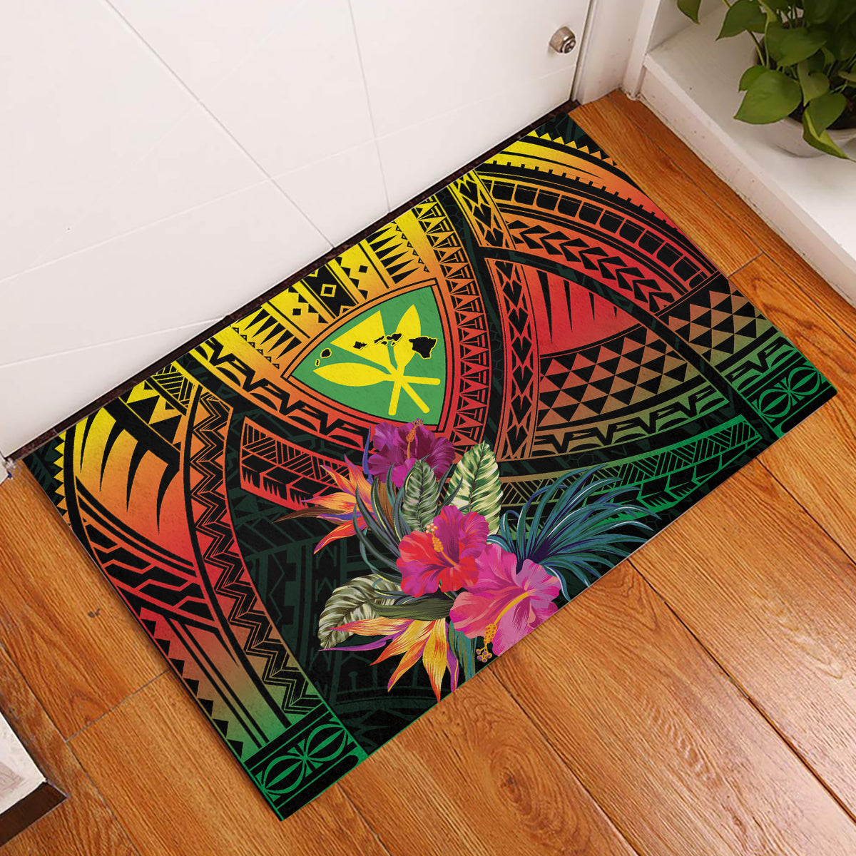 Hawaii Kanaka Maoli Flag Day Rubber Doormat Tropical Flowers LT01 Black - Polynesian Pride
